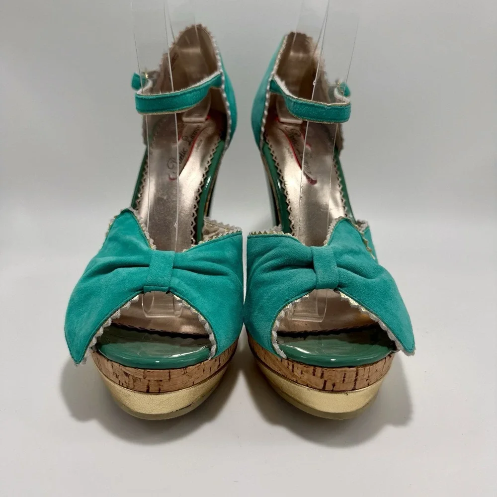 Poetic License Date Night Teal Gold Trim Stiletto Platform Heels Peep Toe 8.5M